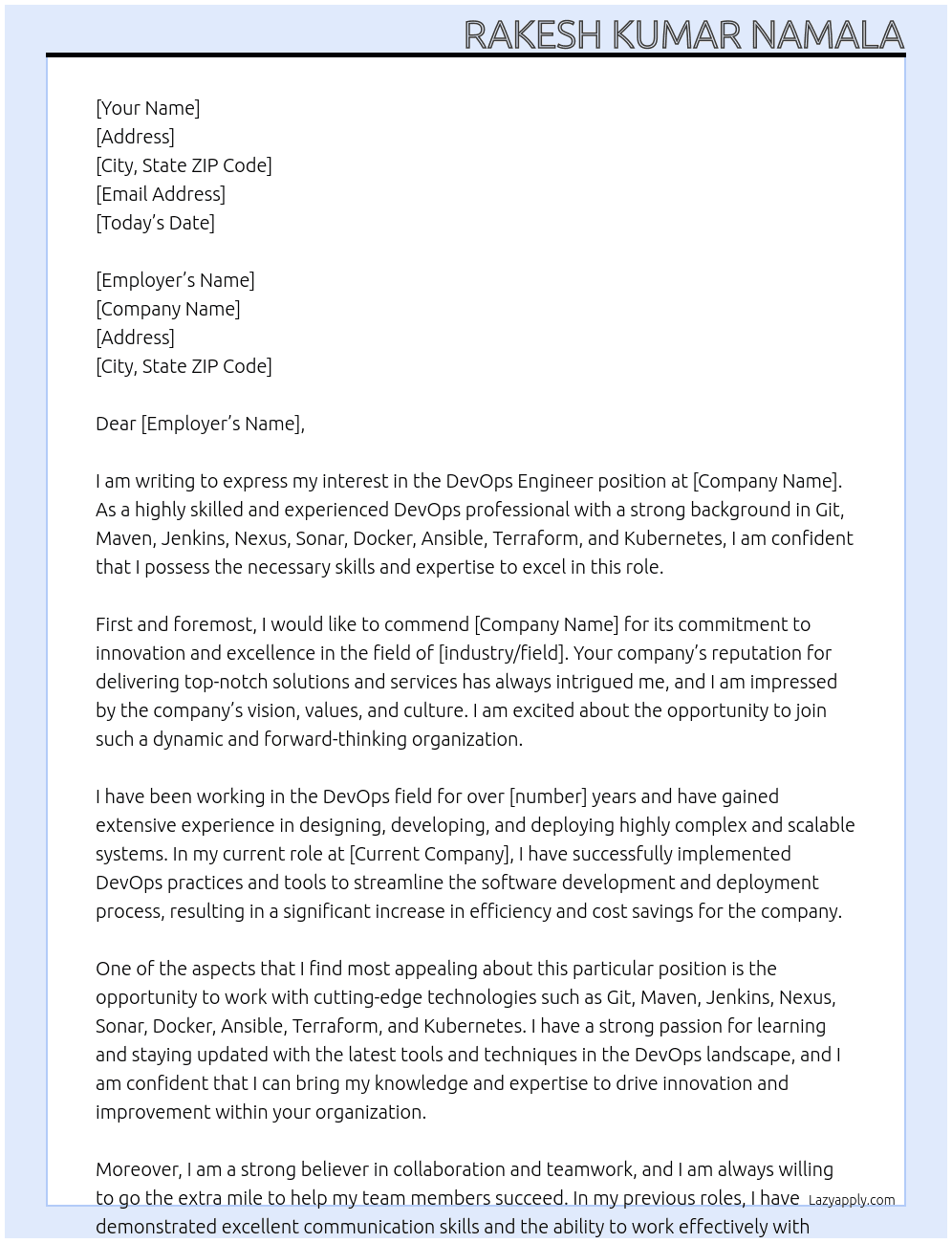 devops engineer  At Element 8 Cover Letter