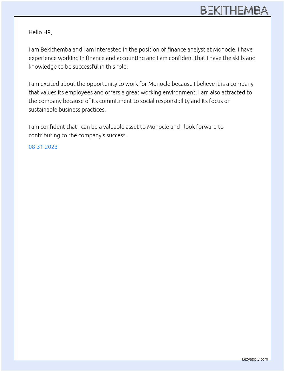 Finance analysts  At Monocle Cover Letter