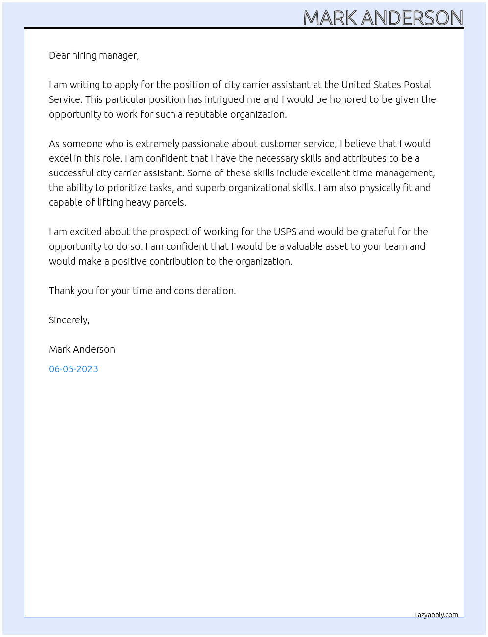 city carrier assistant At usps Cover Letter