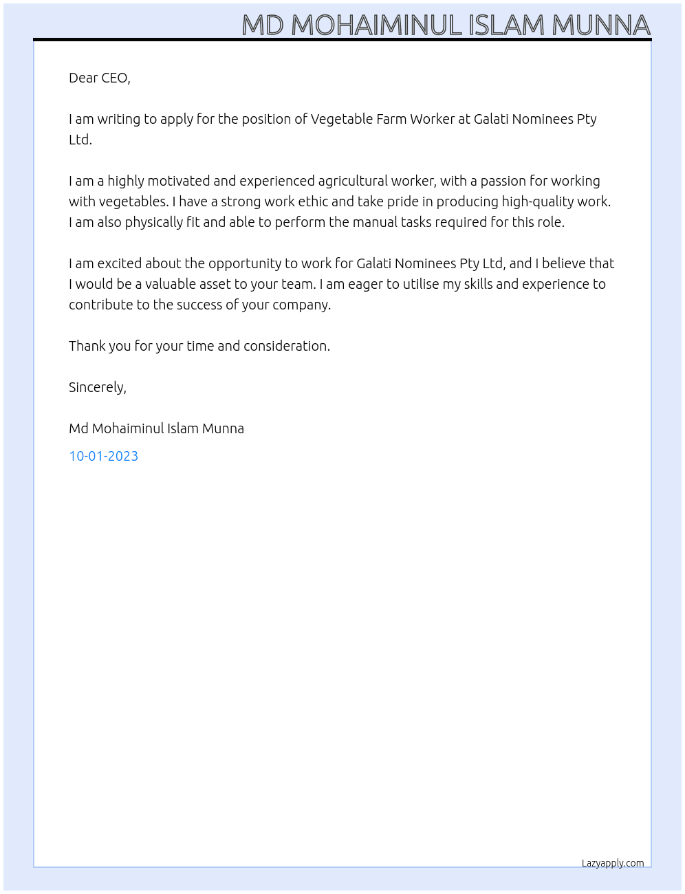 Vegetable Farm Worker At Galati Nominees Pty Ltd Cover Letter