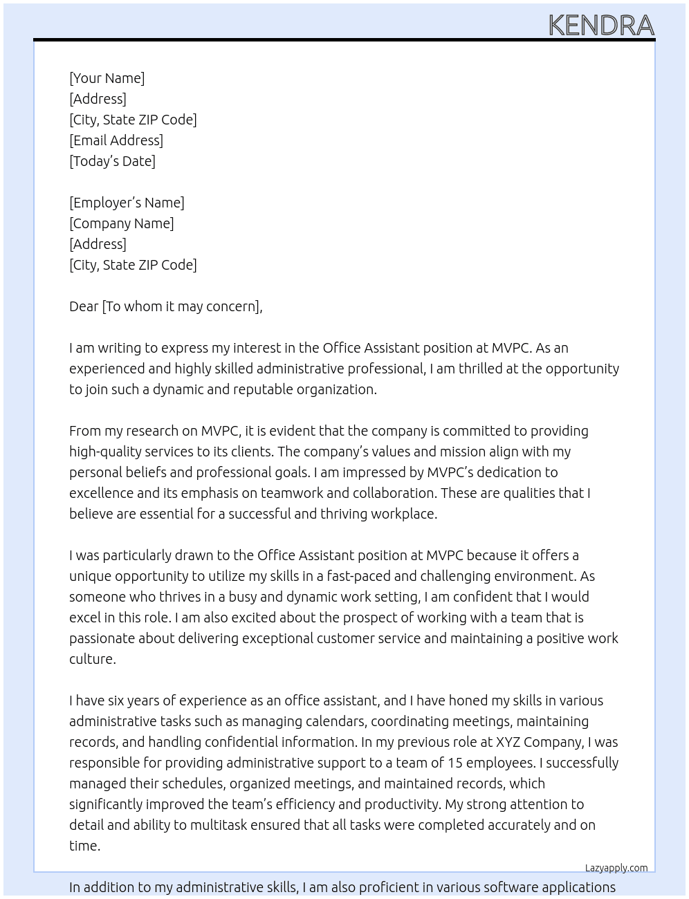 Office Assistant At MVPC Cover Letter