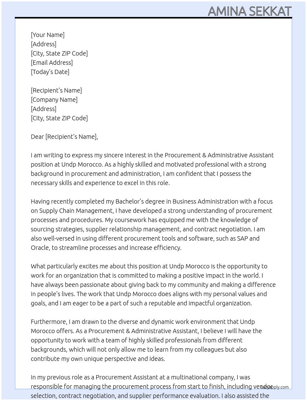 Procurement & Administrative Assistant At Undp Morocco  Cover Letter