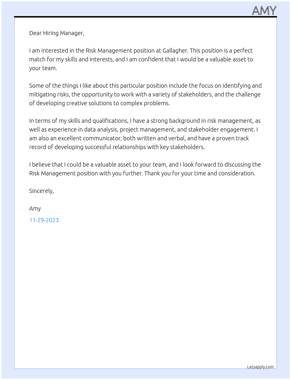 Risk Management At Gallagher Cover Letter