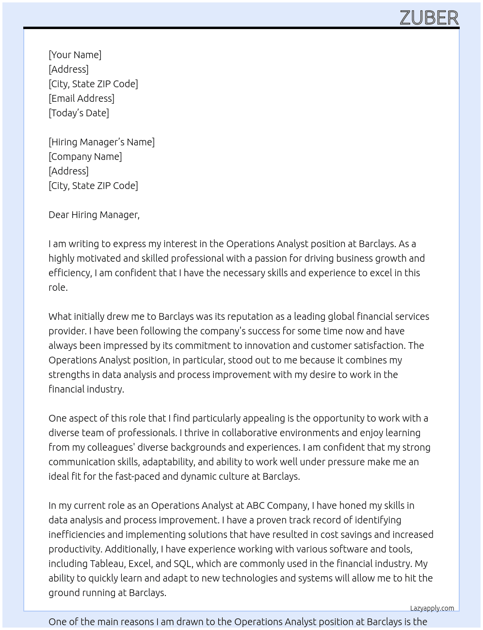 Operations analyst At Barclays Cover Letter