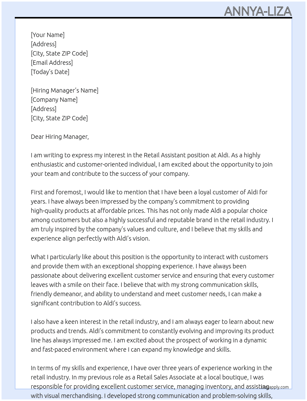 Retail Assistant At Aldi Cover Letter