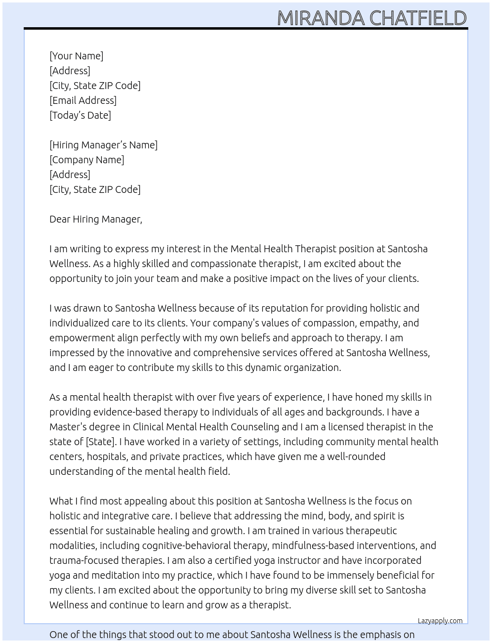 Mental Health Therapist At Santosha Wellness Cover Letter