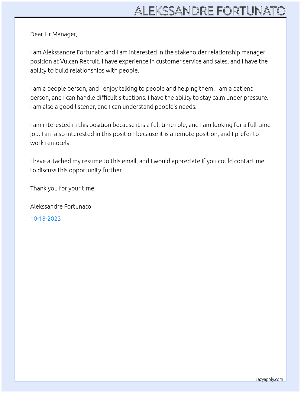 stake holder relationship manager At Vulcan recruit Cover Letter