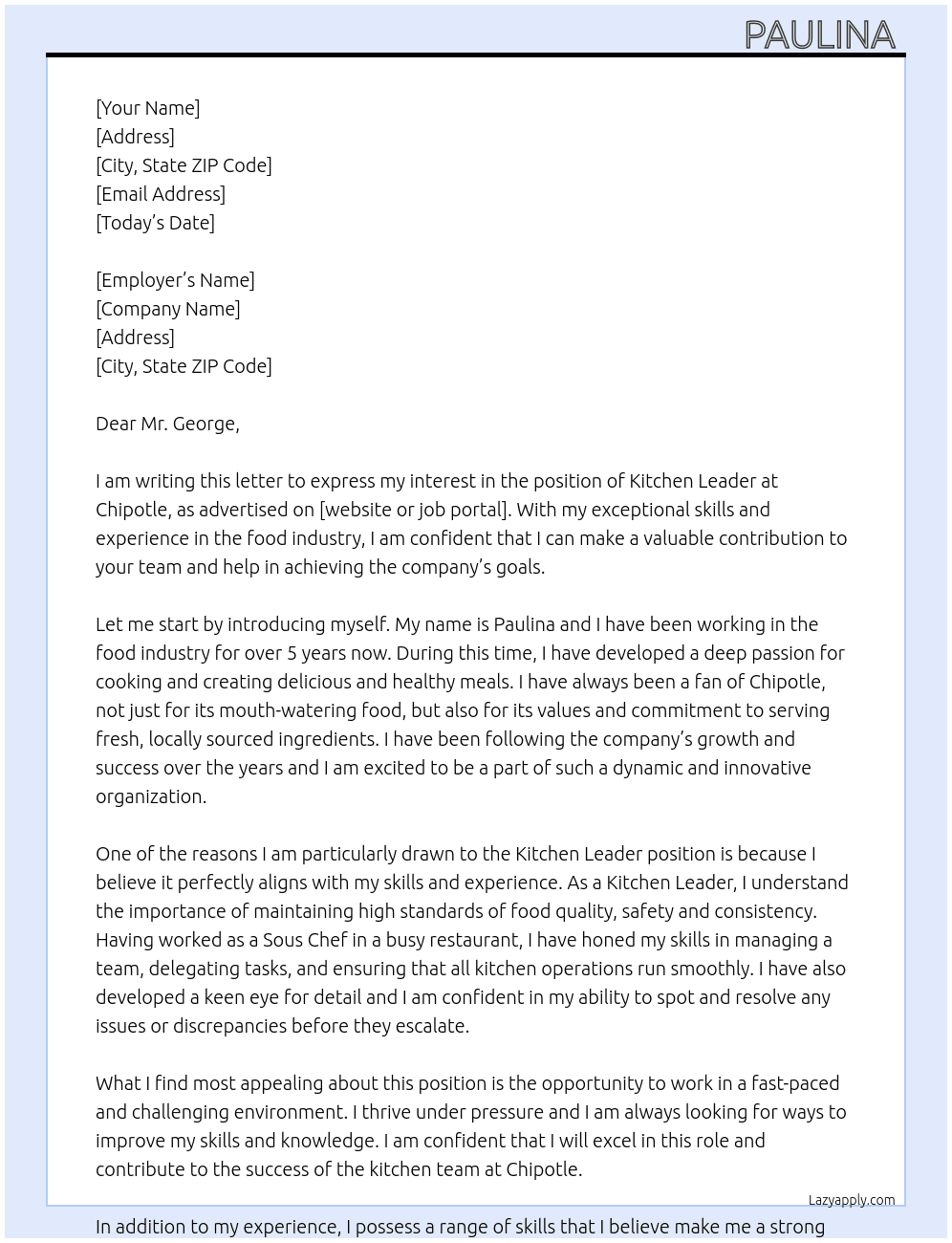 Kitchen leader  At Chipotle  Cover Letter