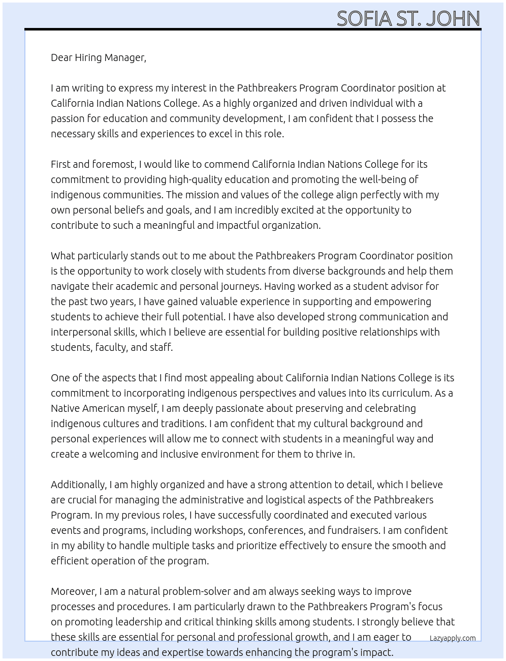 Pathbreakers Program Coordinator At California Indian Nations College Cover Letter
