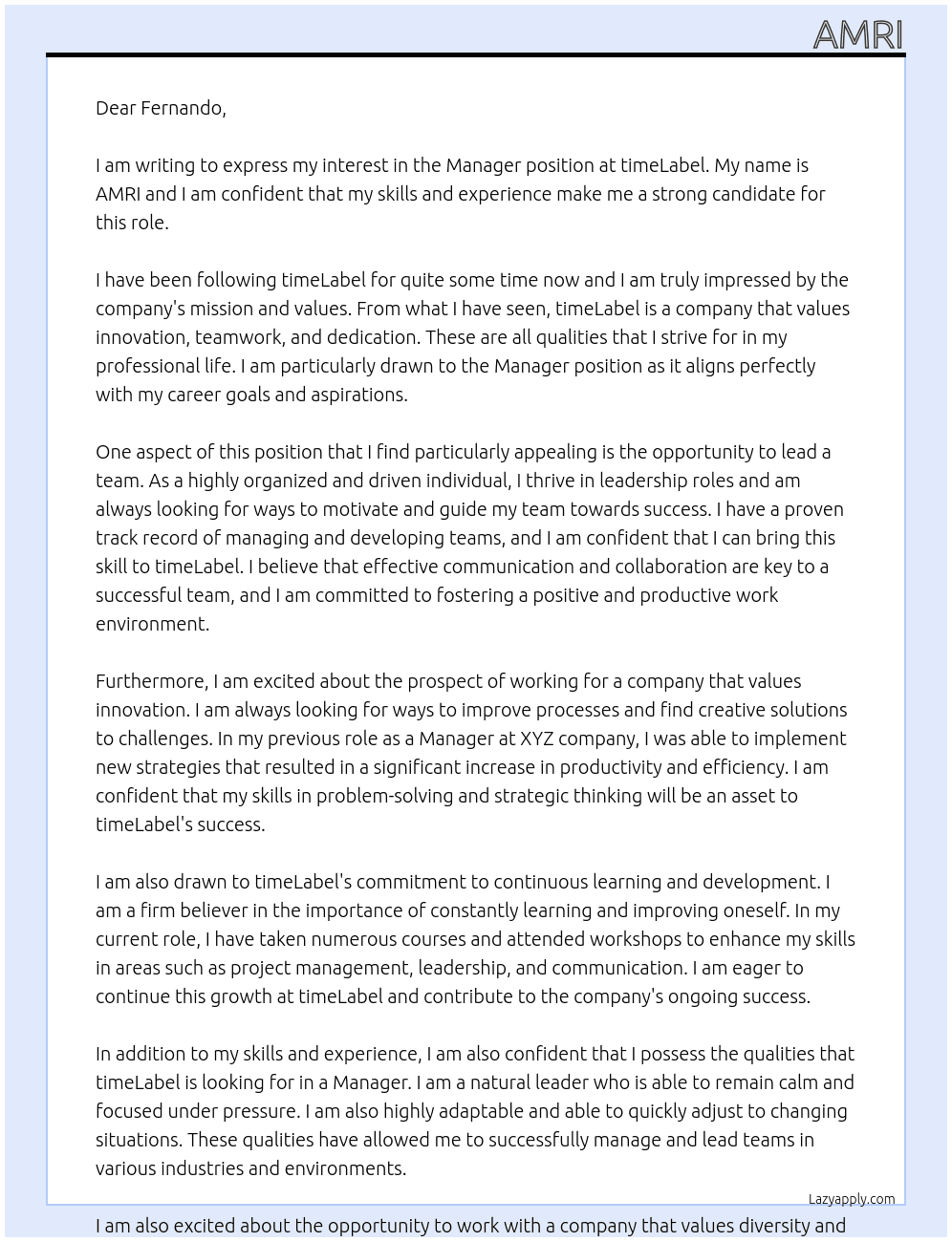 Manager  At timeLabel Cover Letter