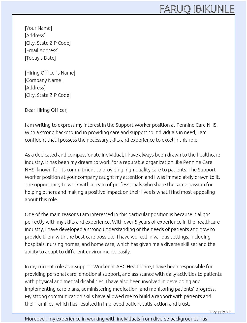 Support Worker At Pennine Care NHS Cover Letter