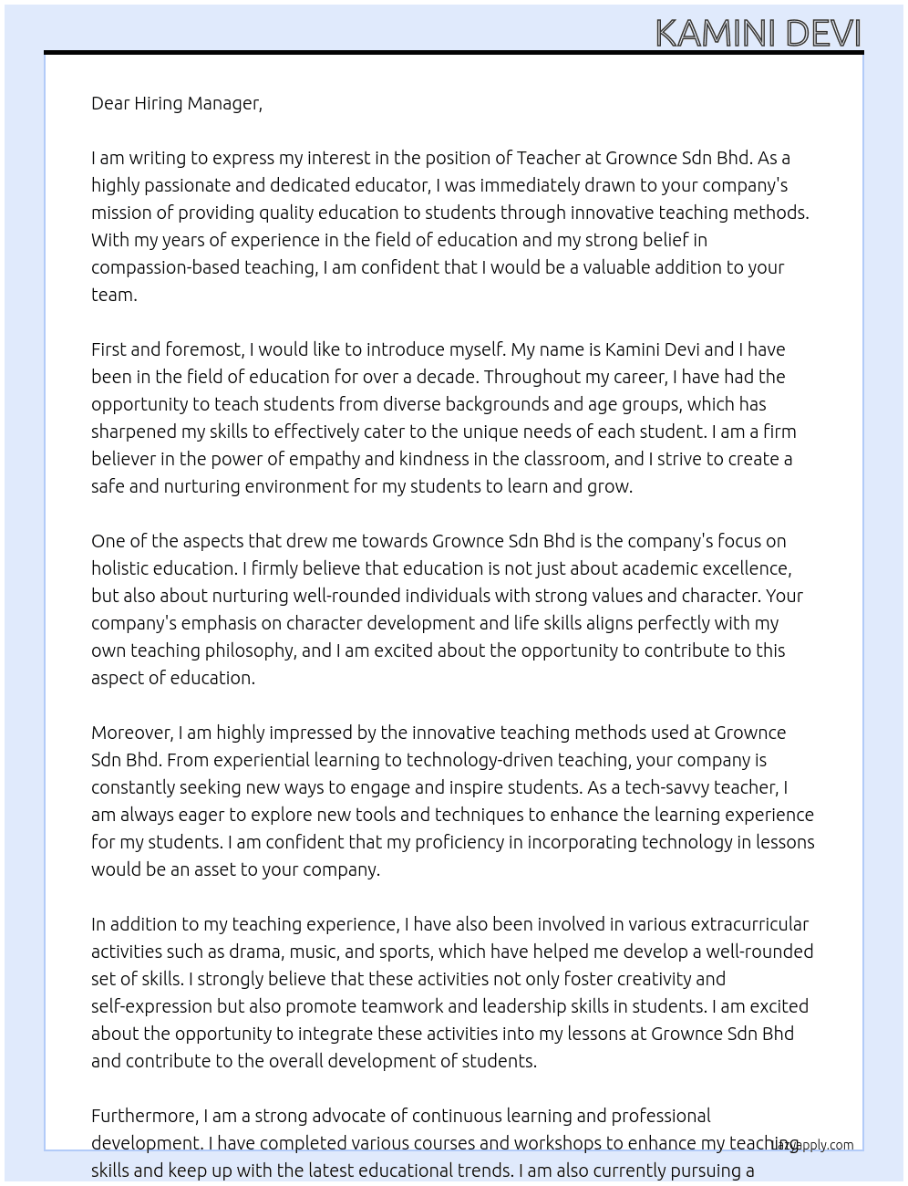 teacher At Grownce Sdn Bhd Cover Letter