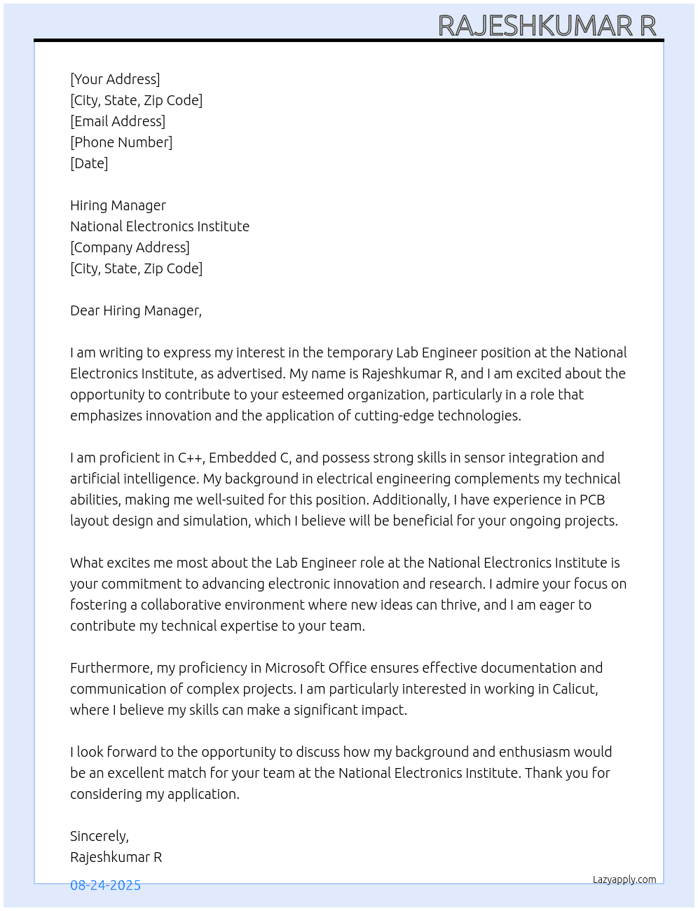 Lab Engineer At National Electronics Institute  Cover Letter