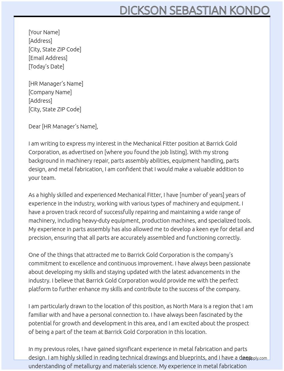 Mechanical fitter  At Barrick gold corporation Cover Letter