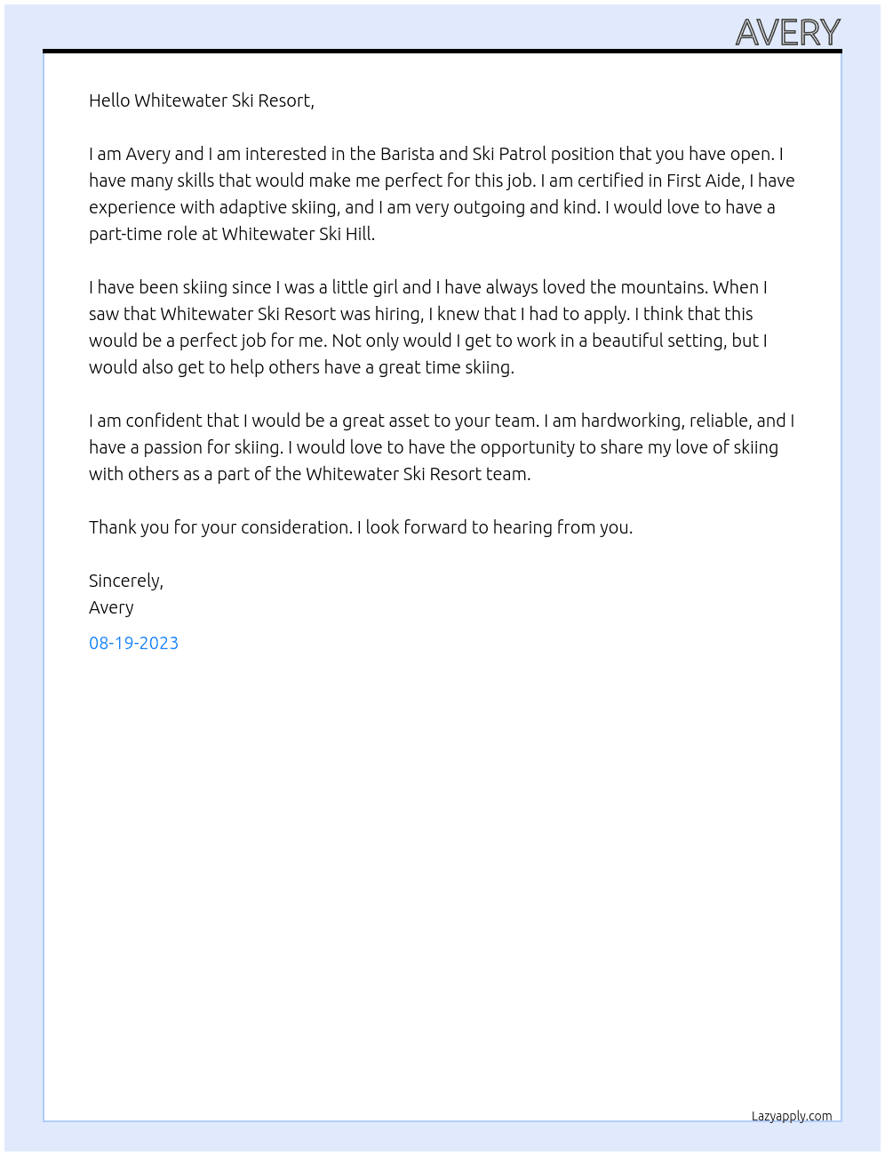 Barista and Ski patrol  At Whitewater Ski Resort Cover Letter