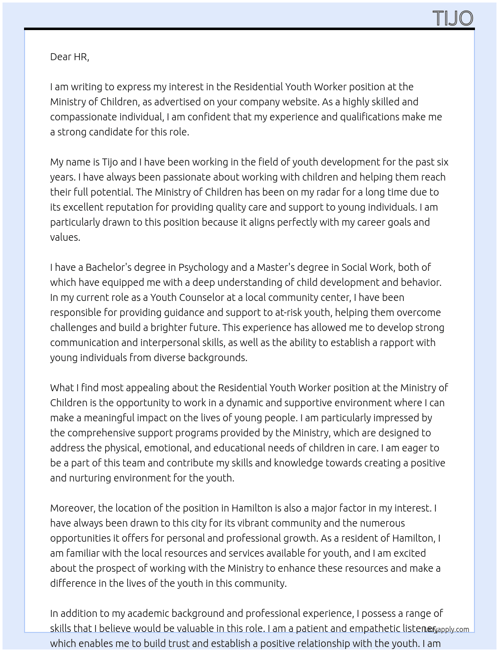 Residential Youth Worker At Ministry of children  Cover Letter