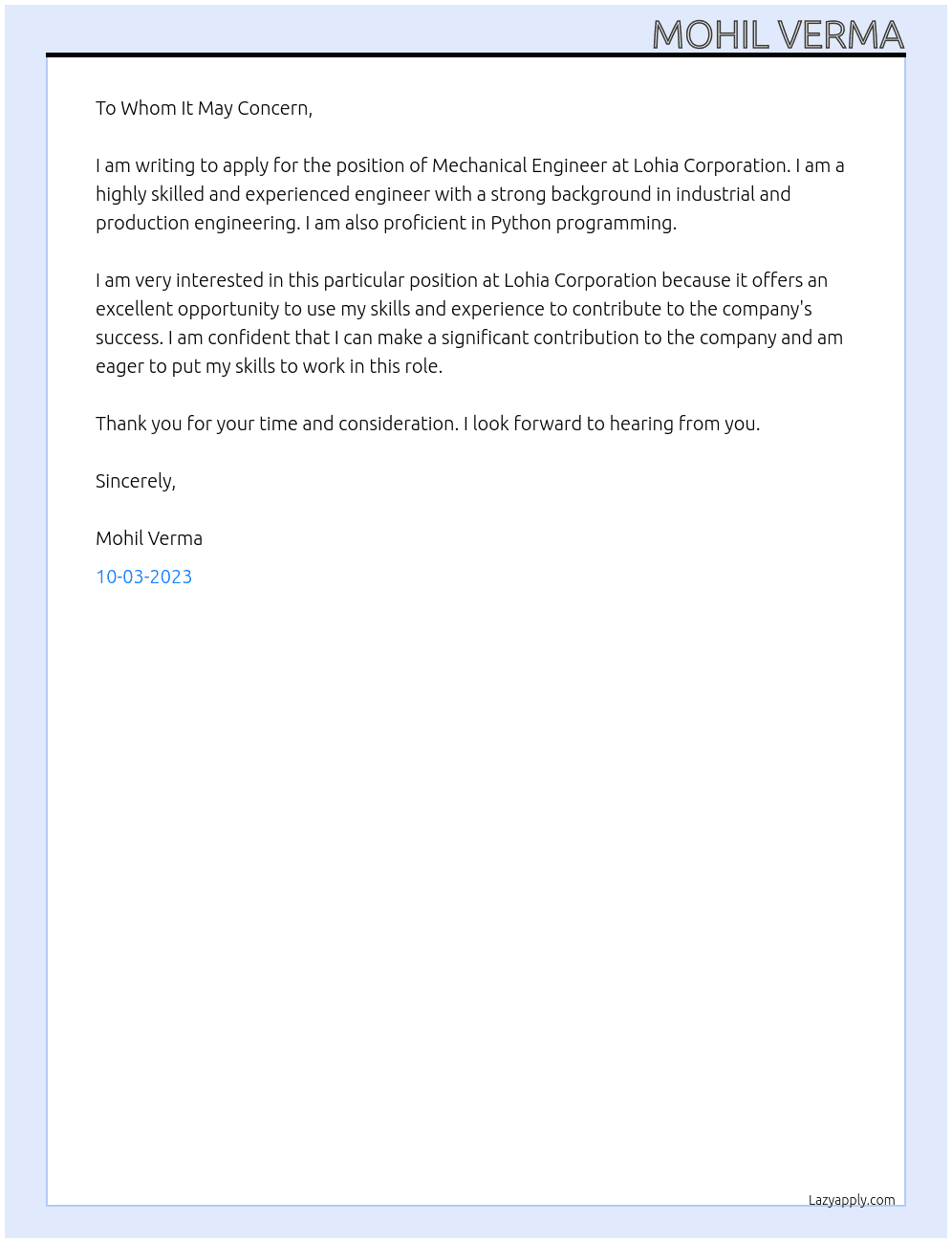 Mechanical engineer At Lohia corporation Cover Letter