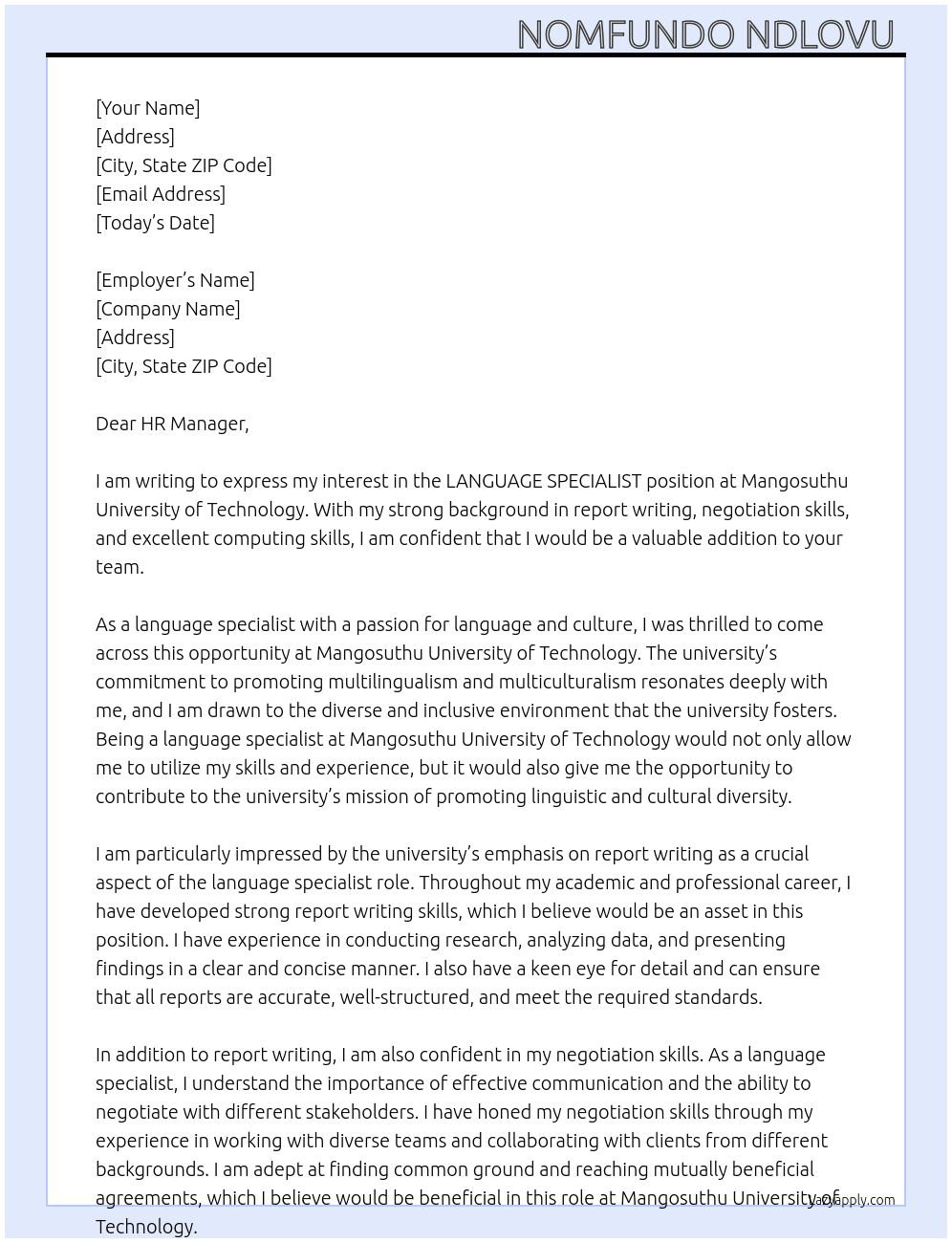 LANGUAGE SPECIALIST At Mangosuthu University of Technology Cover Letter
