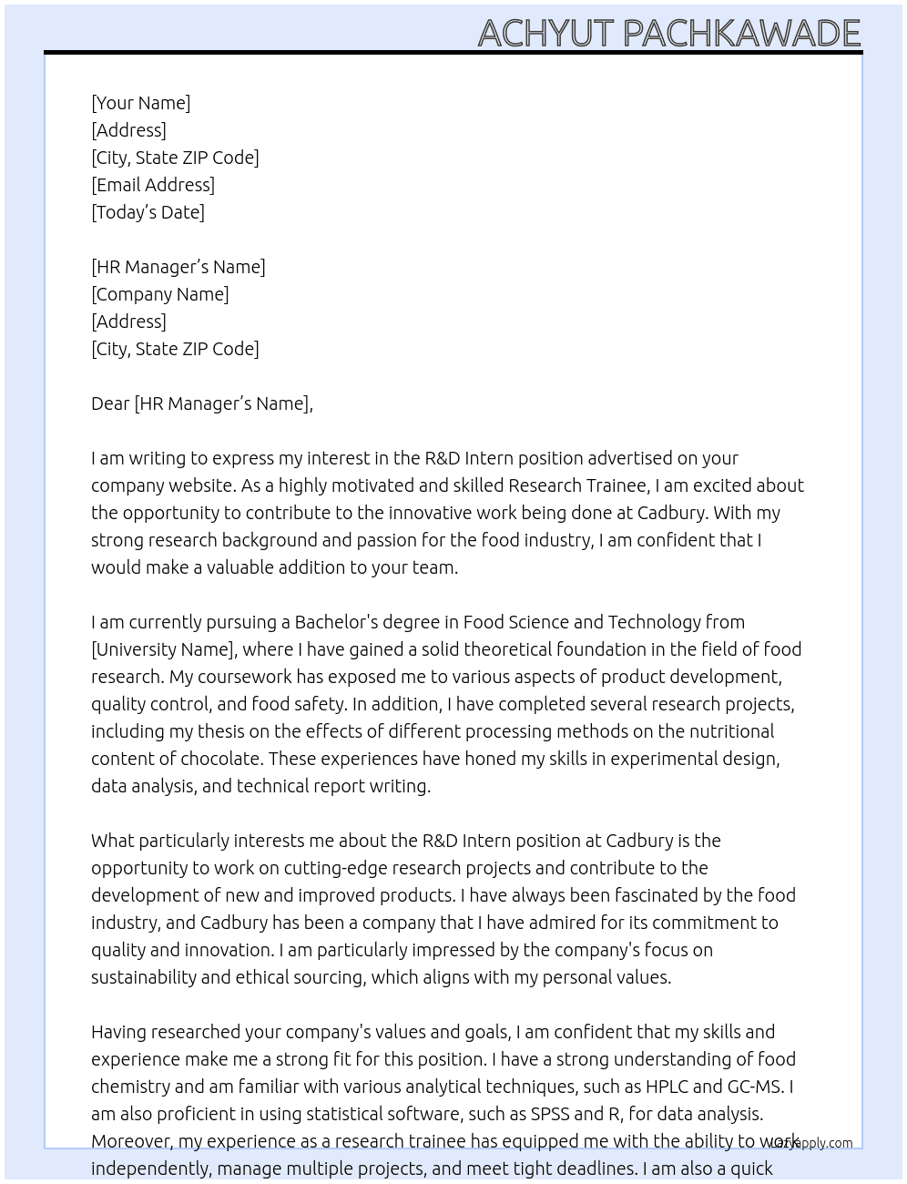 R&D Intern At Cadbury  Cover Letter