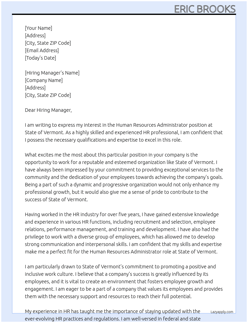 Human Resources Administrator At State of Vermont Cover Letter