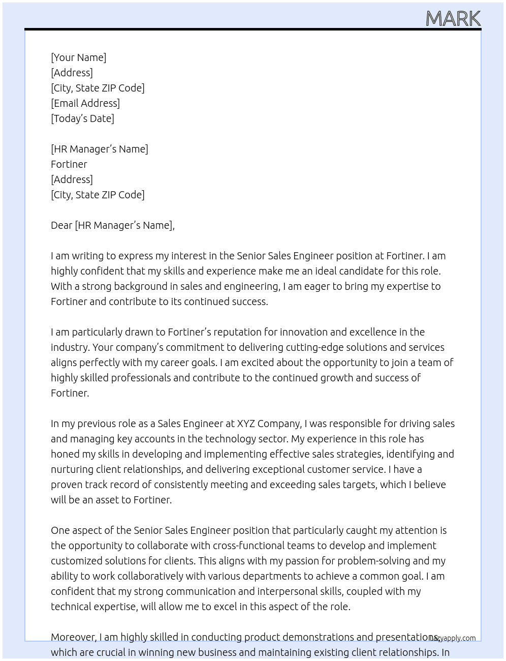 Sr Sales Engineer At Fortiner Cover Letter