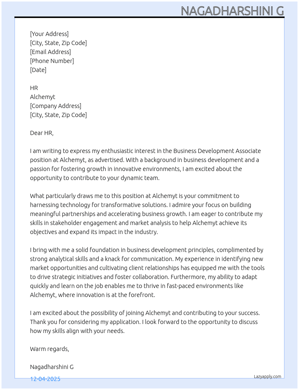 Business Development Associate At Alchemyt Cover Letter