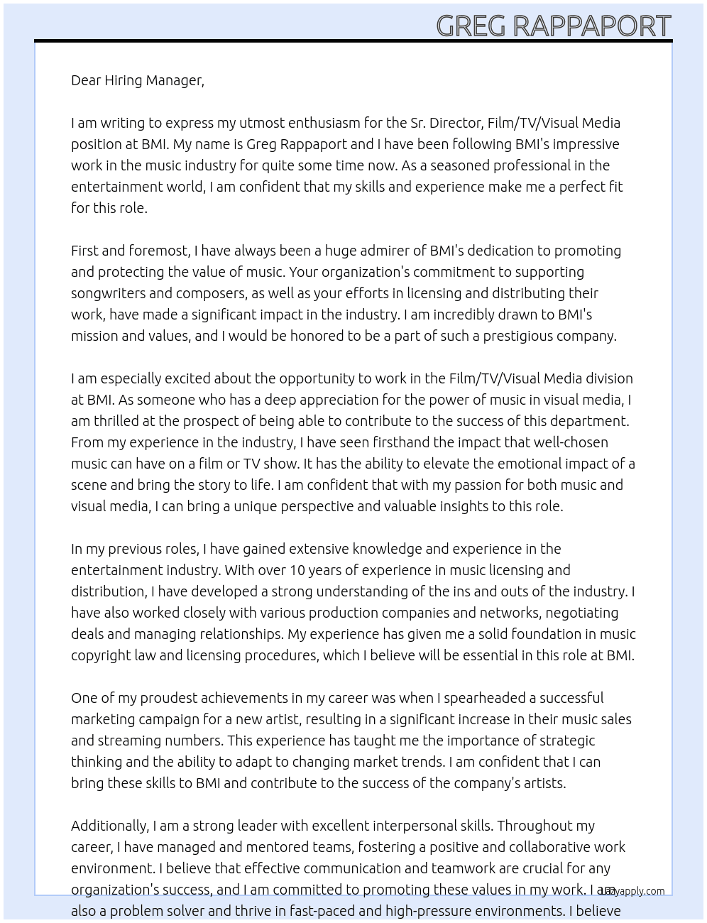 Sr. Director, Film/TV/Visual Media At BMI Cover Letter