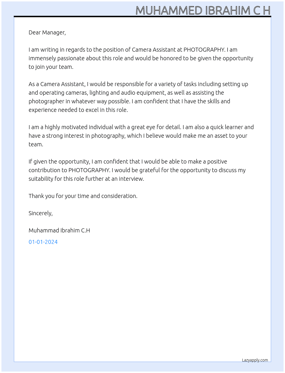 CAMERA ASSISTANT At PHOTOGRAPHY Cover Letter