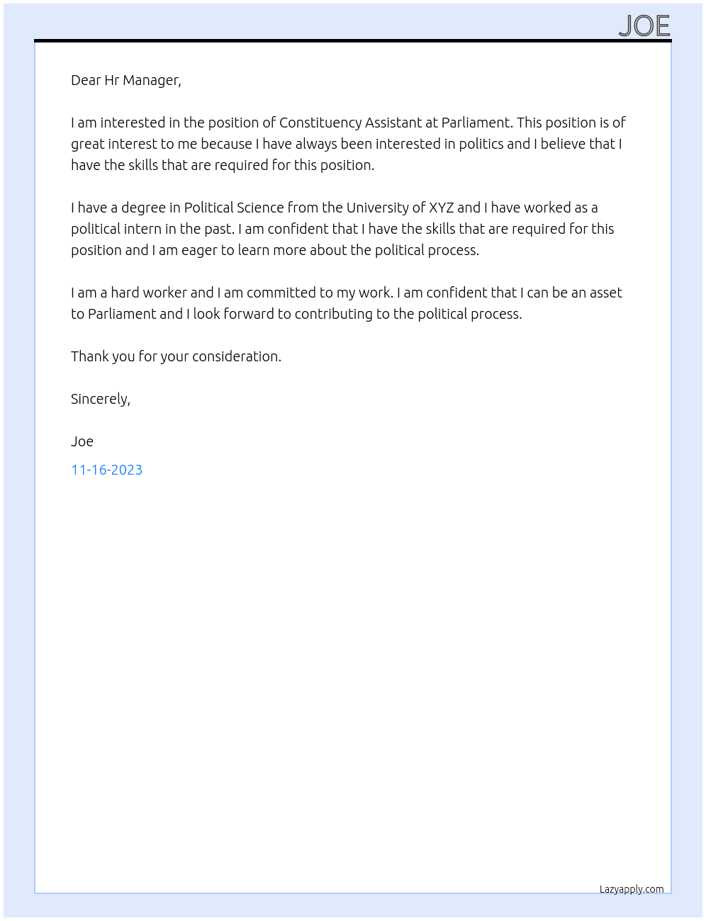 Constituency Assistant At Parliament Cover Letter