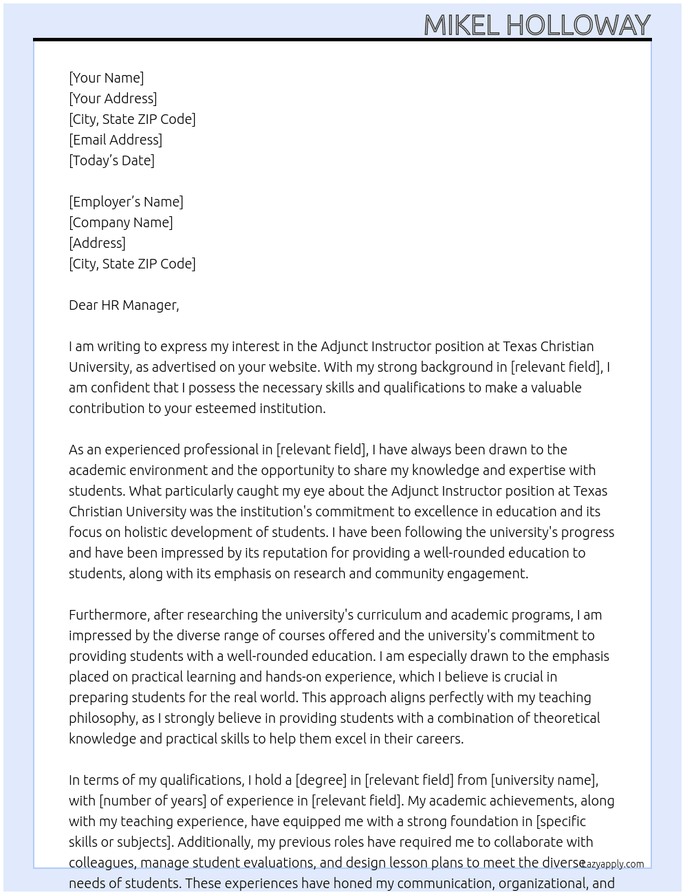 Adjunct Instructor At Texas Christian University Cover Letter