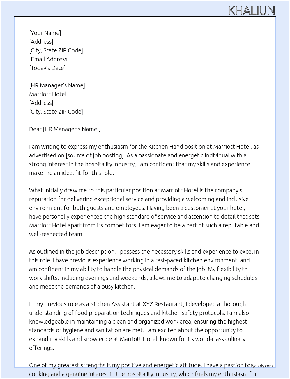 Kitchen hand  At Marriott Hotel Cover Letter