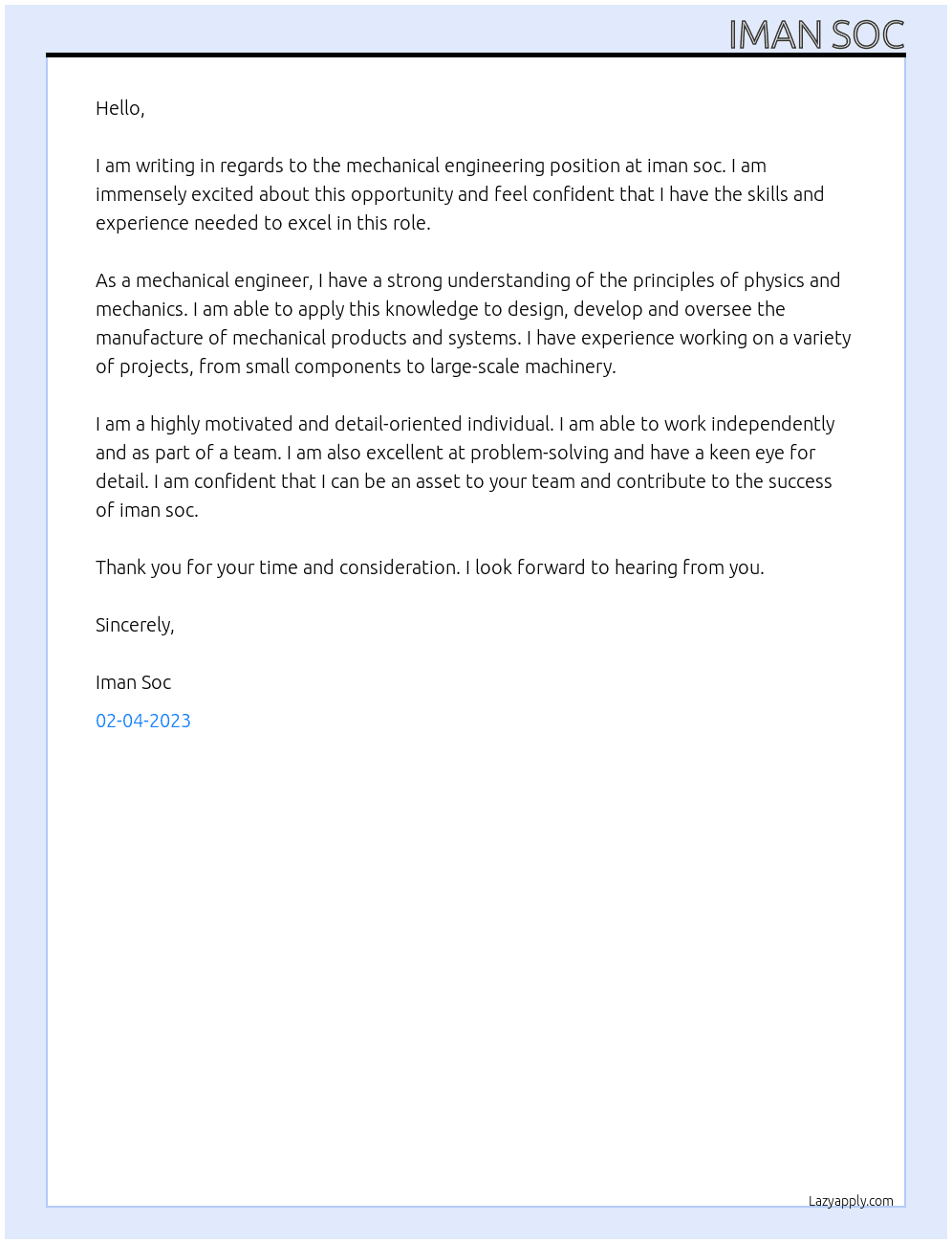 mechanical engineer At iman soc Cover Letter