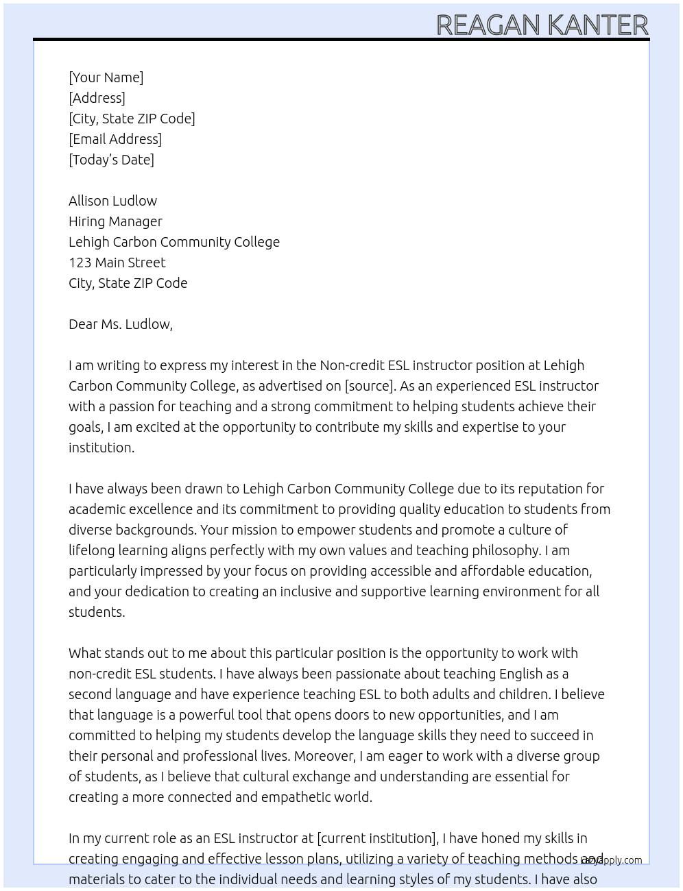 Non-credit ESL instructor At Lehigh Carbon Community College Cover Letter
