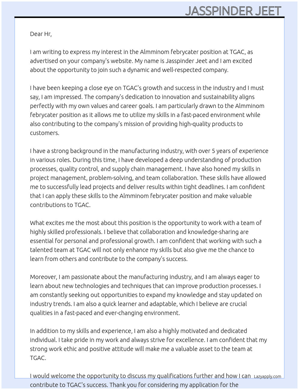 Almminom febrycater  At Tgac  Cover Letter