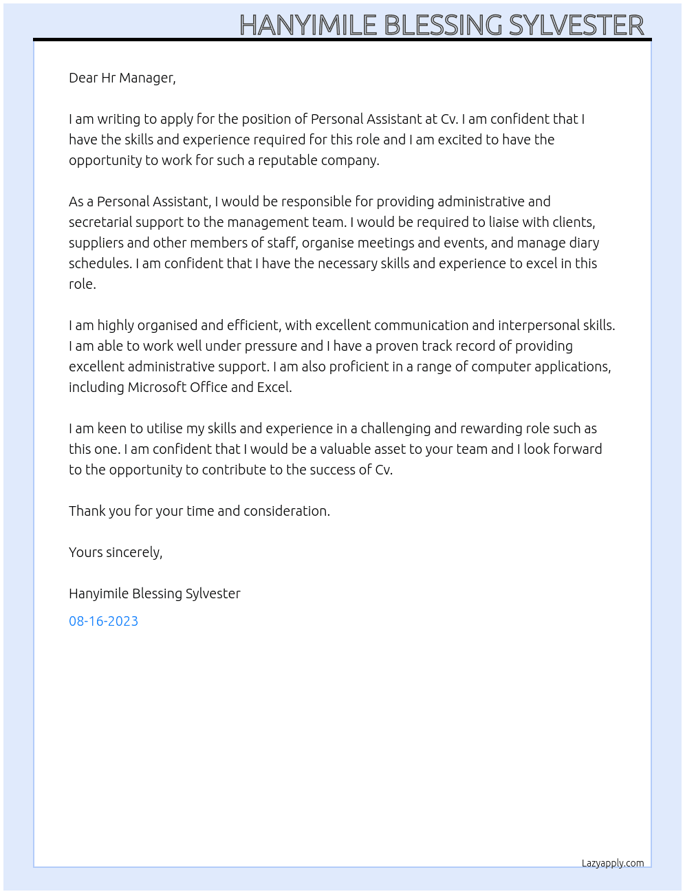 Personal assistant  At Cv Cover Letter