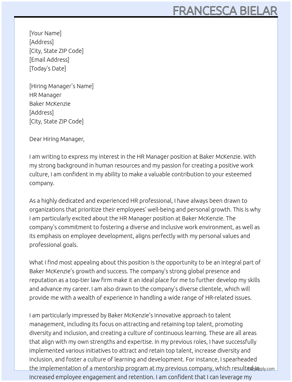 HR Manager At Baker McKenzie Cover Letter