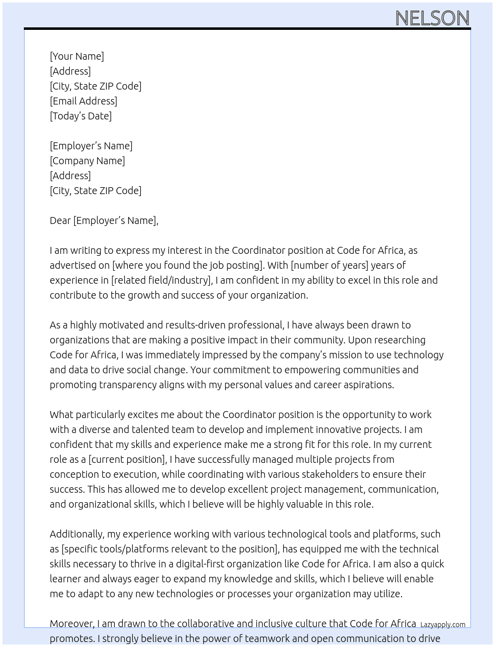 Coordinator At Code for Africa Cover Letter