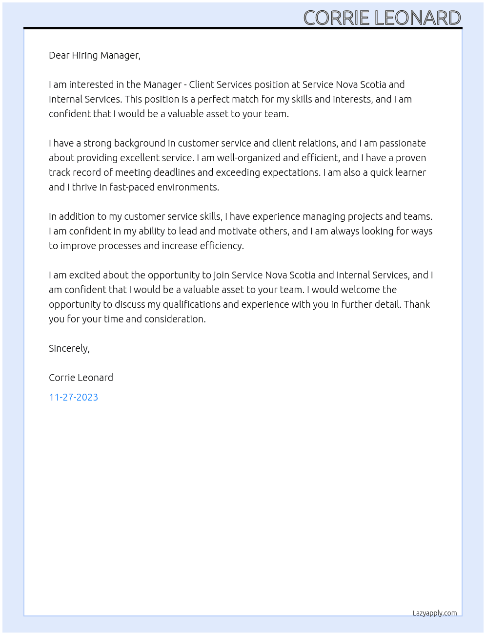 Manager - Client Services At Service Nova Scotia and Internal Services Cover Letter