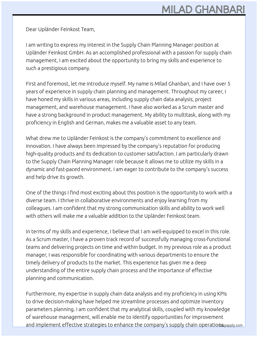 Supply Chain Planning Manger At Upländer Feinkost GmbH Cover Letter
