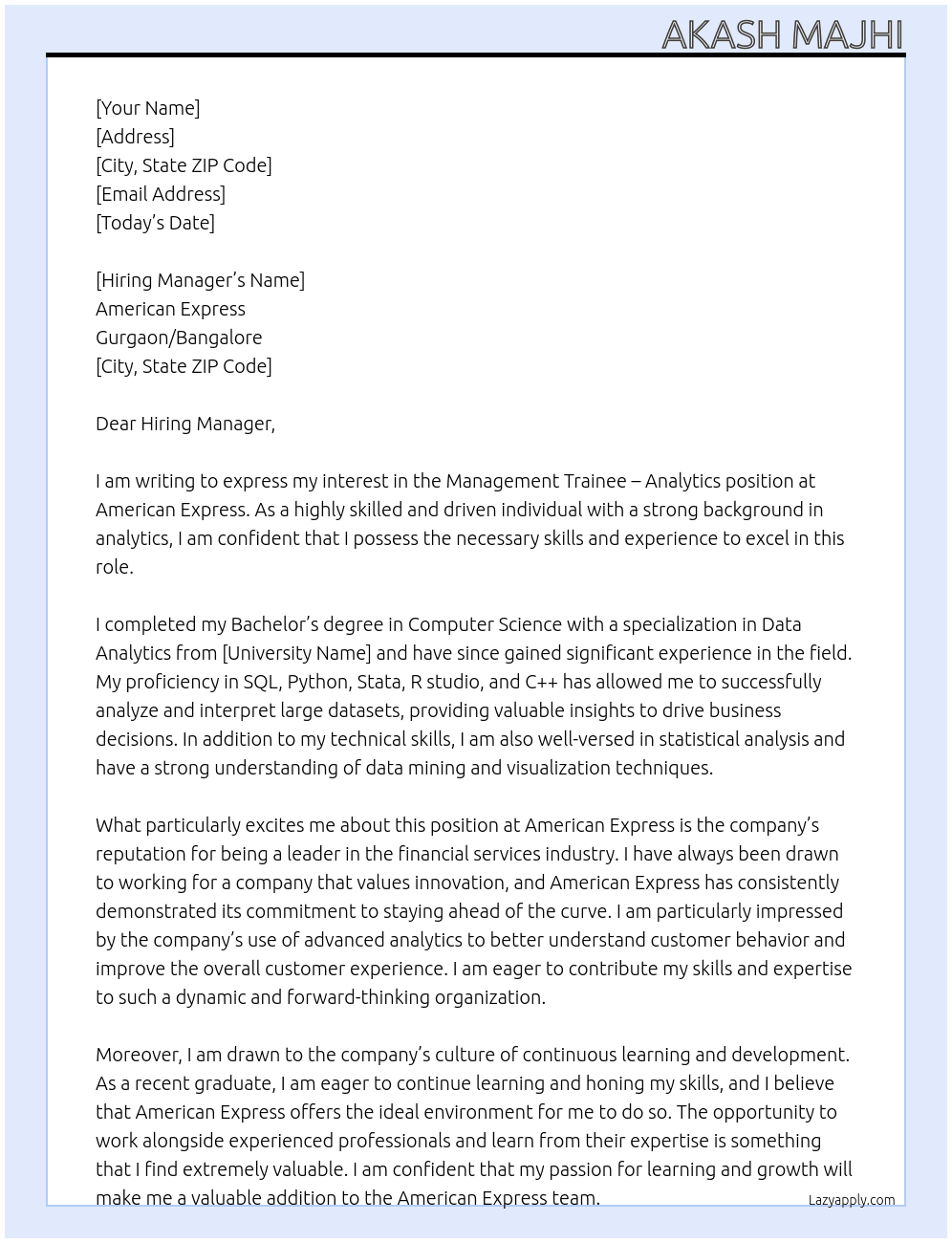 Cover letter for management trainee – analytics - LazyApply