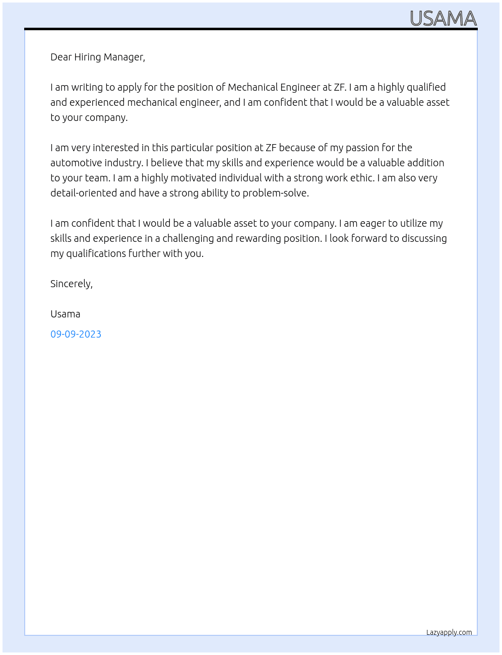 Mechanical Engineer At ZF Cover Letter