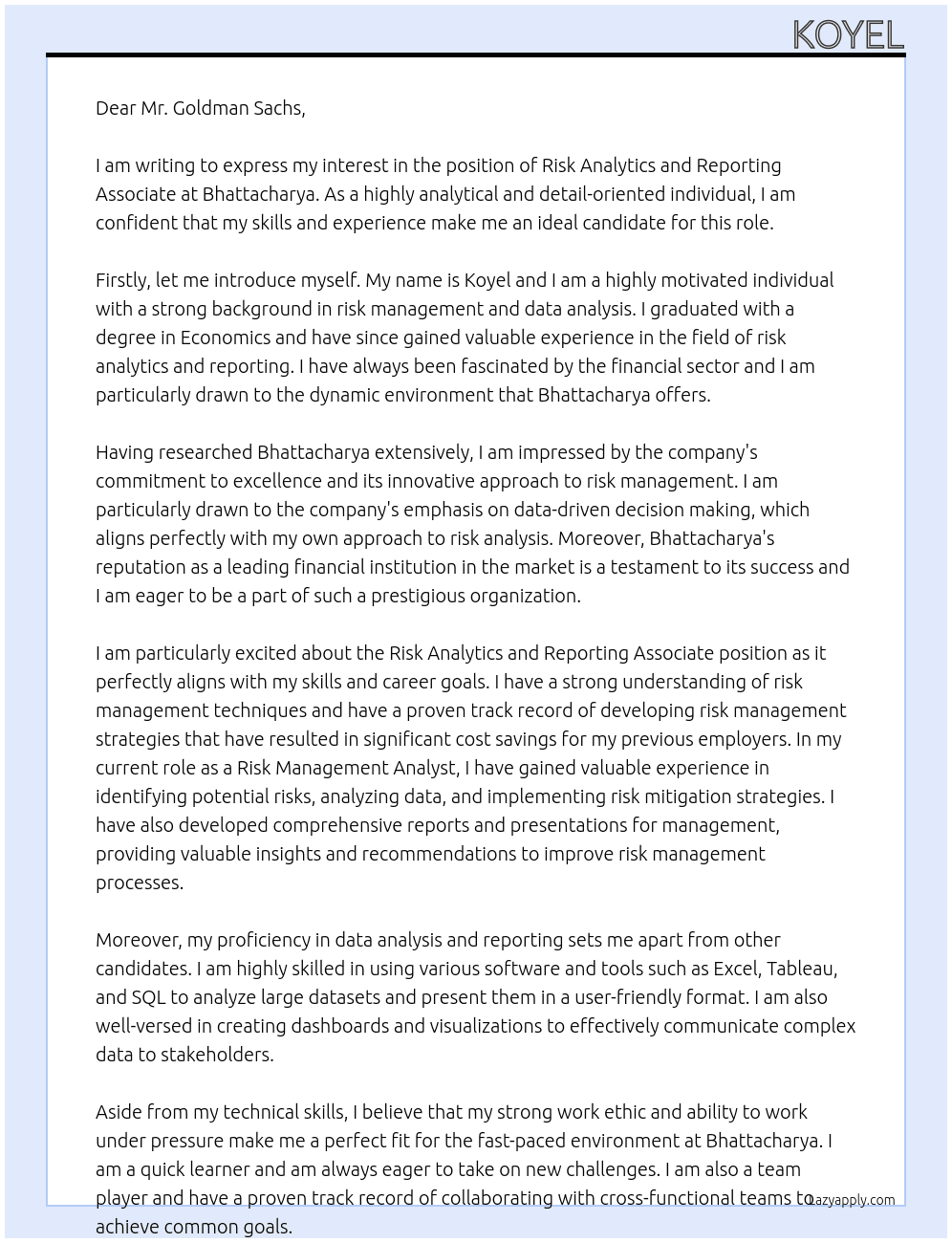 risk - analytics and reporting associate At Bhattacharya Cover Letter