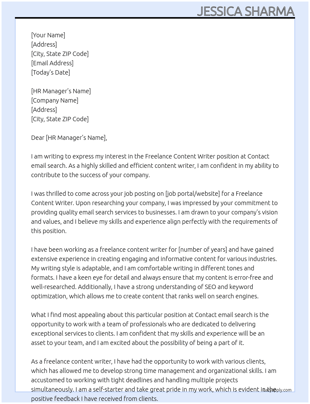 Freelance content writer At Contact email search Cover Letter