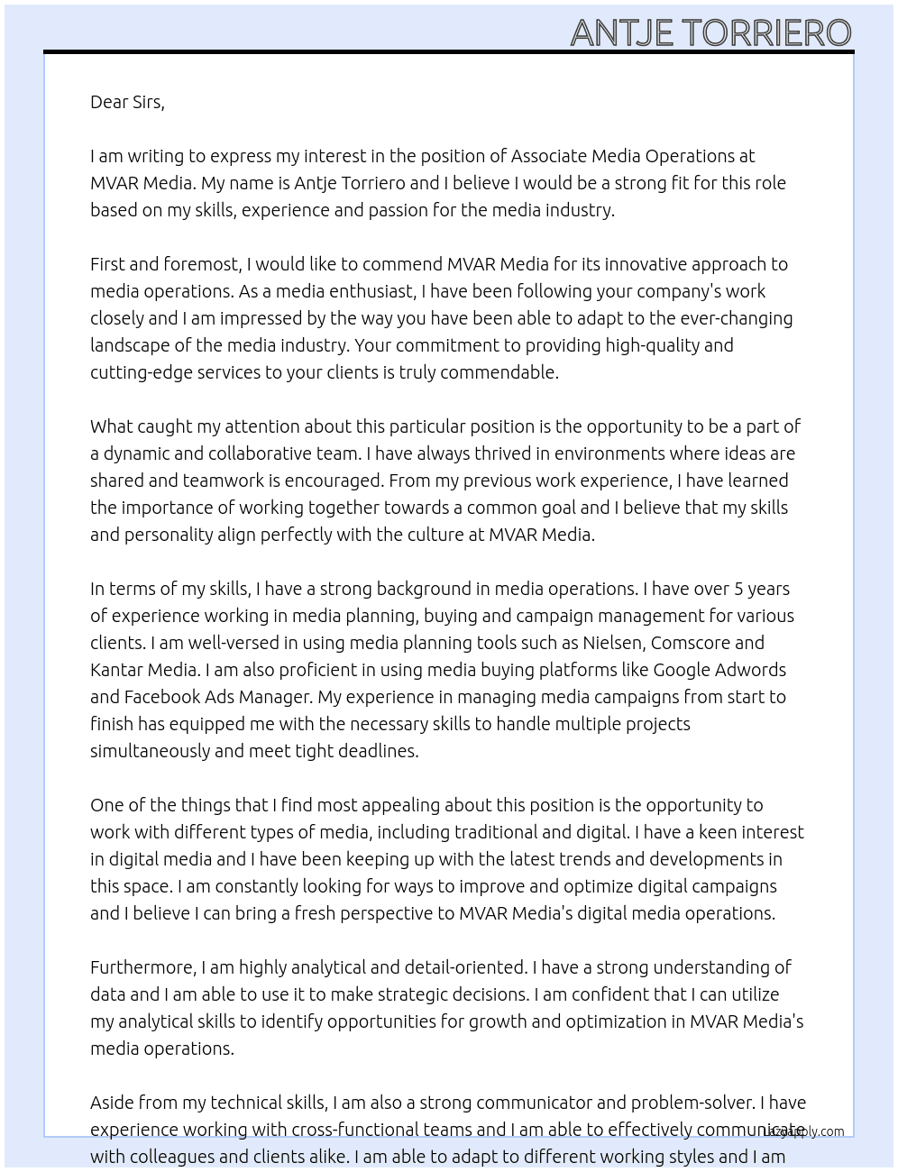 Associate Media Operations At MVAR Media Cover Letter
