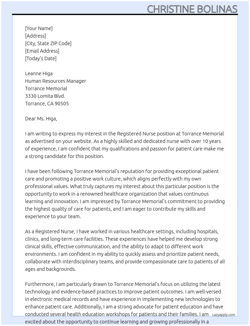 RN At Torrance Memorial Cover Letter