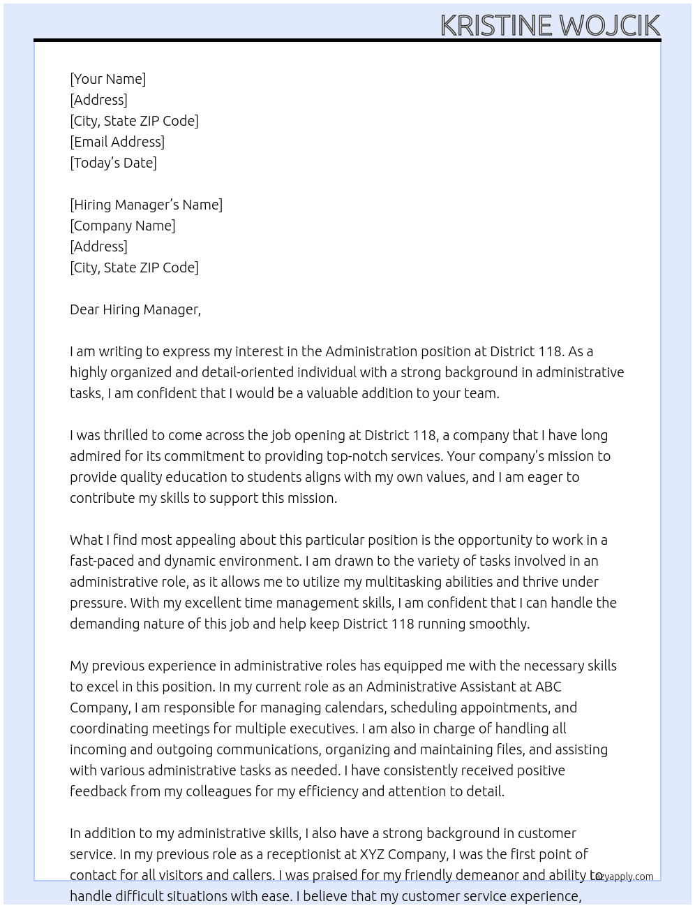 Administration  At District 118 Cover Letter