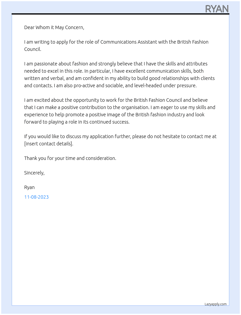 Communications Assistant At British Fashion Council  Cover Letter