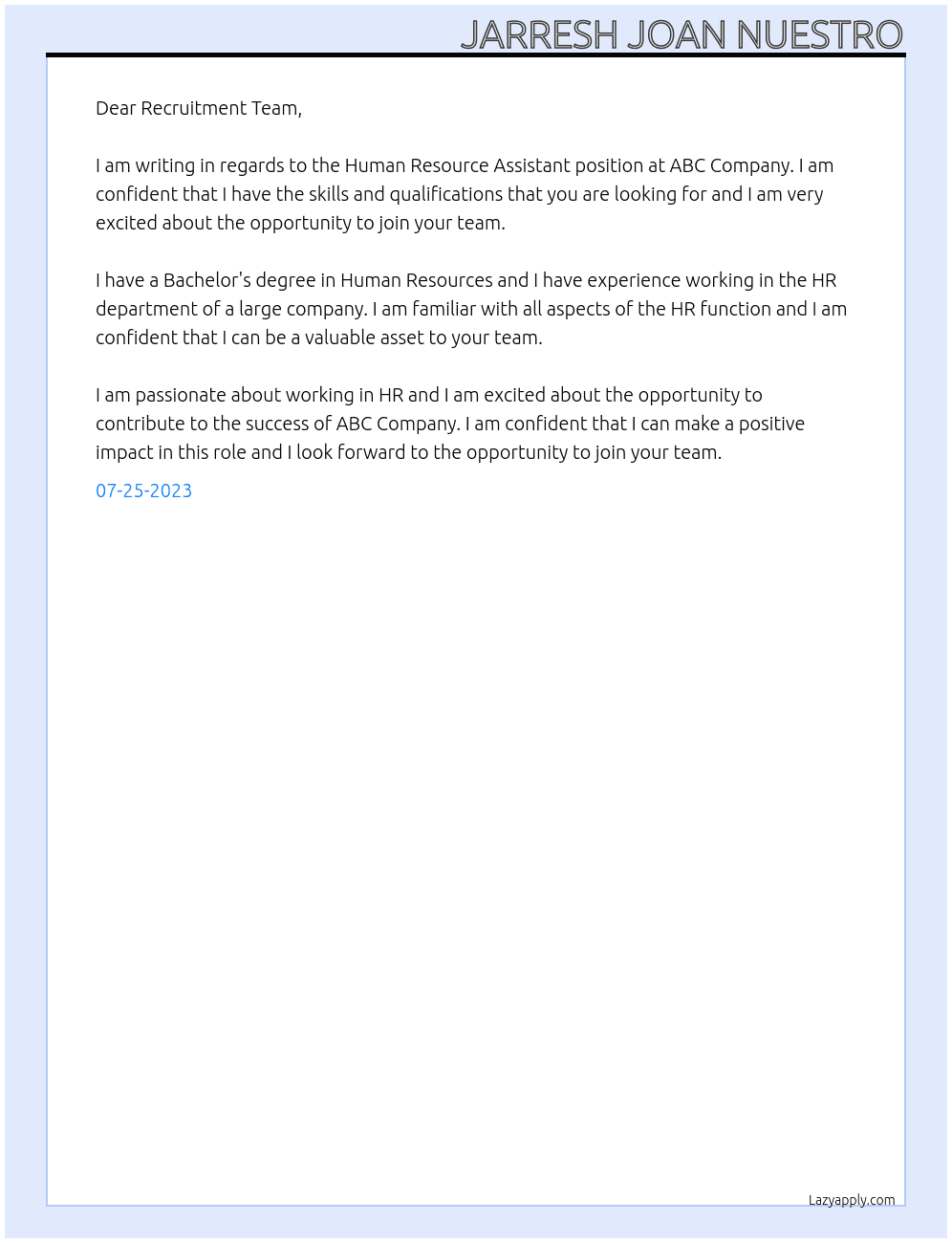 Human Resource Assistant At ABC Company Cover Letter