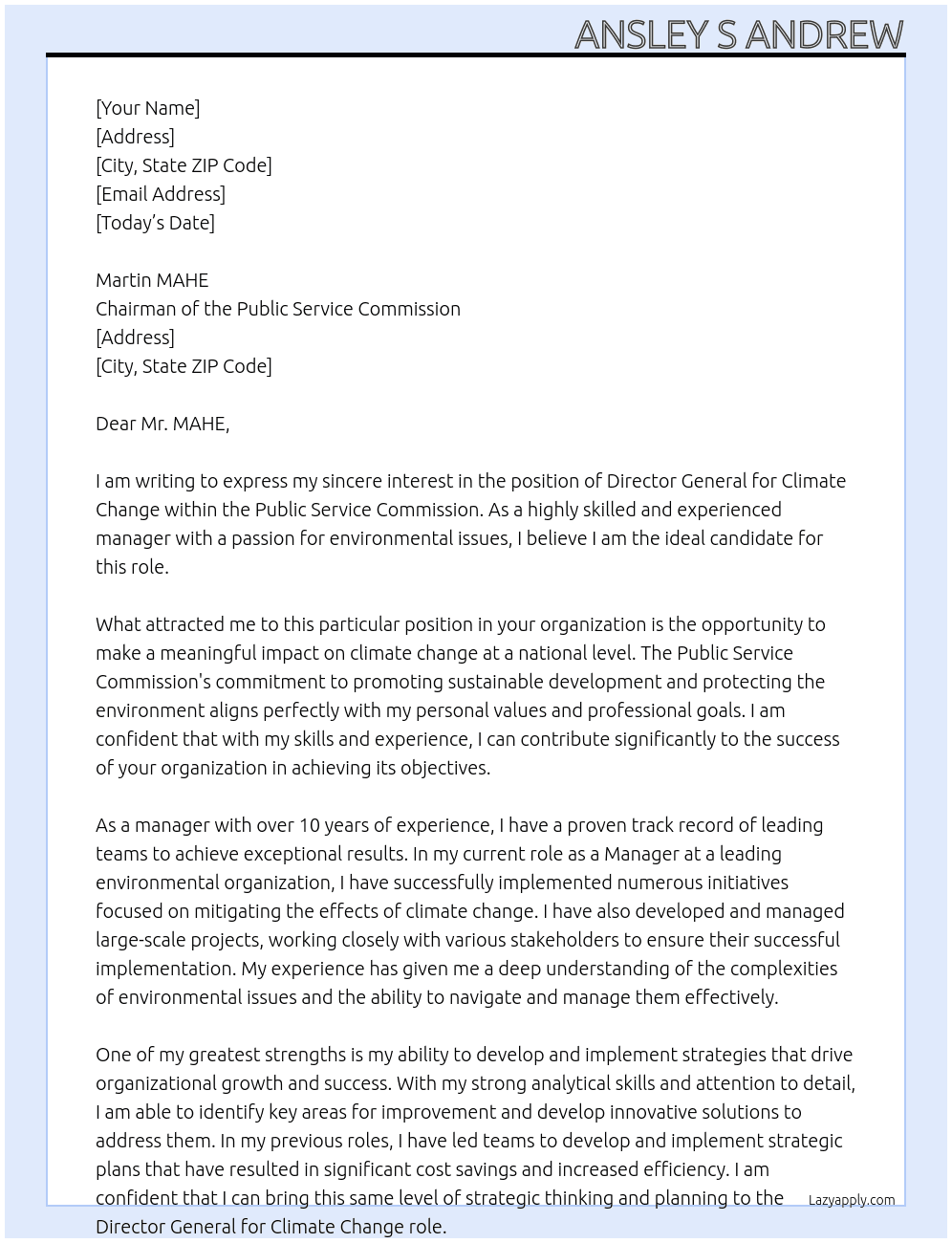 Director General For Climate Change At Martin MAHE Chairman of the Public Service Commission Cover Letter