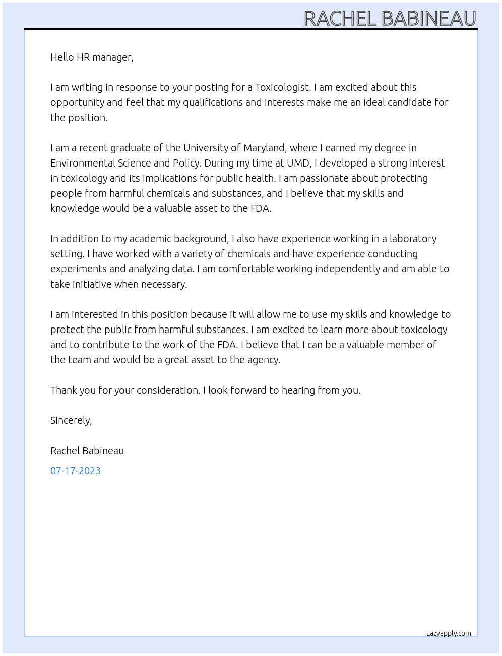 Toxicologist  At FDA Cover Letter